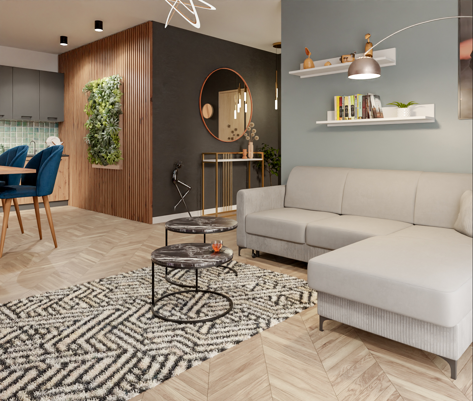 Przytulny salon z kawałkiem sztruksu